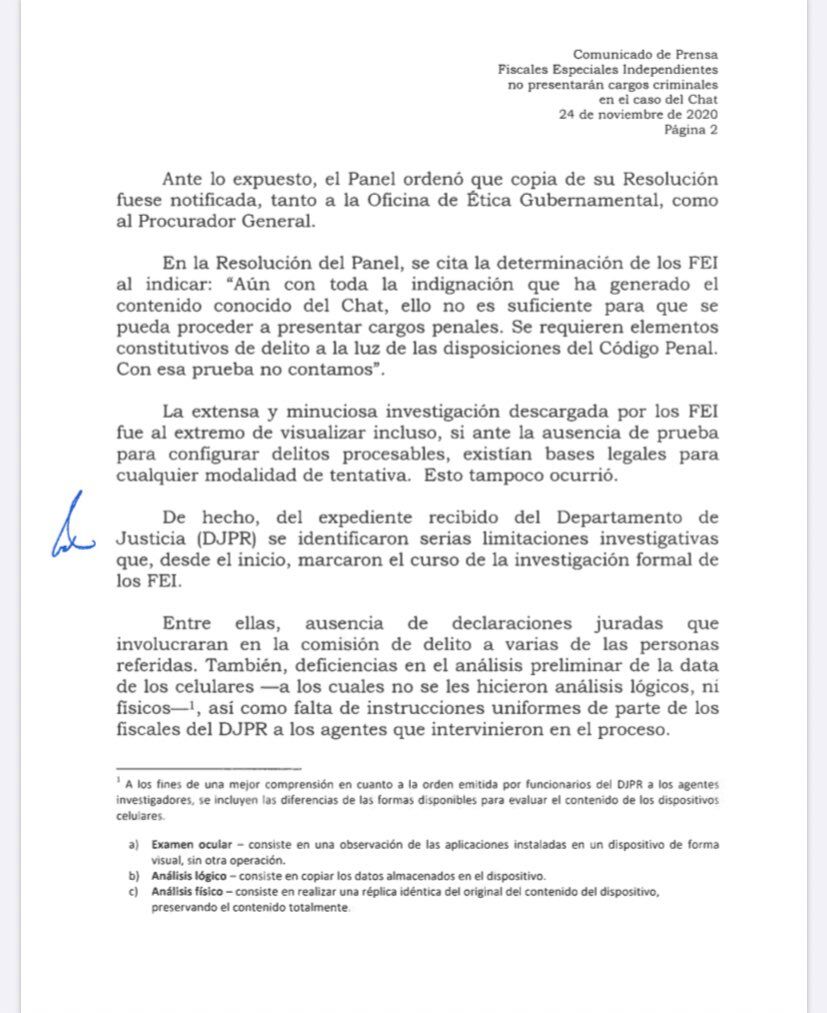 FEI - comunicado - no presentaran cargos contra Rossello 2 - noviembre 24 2020